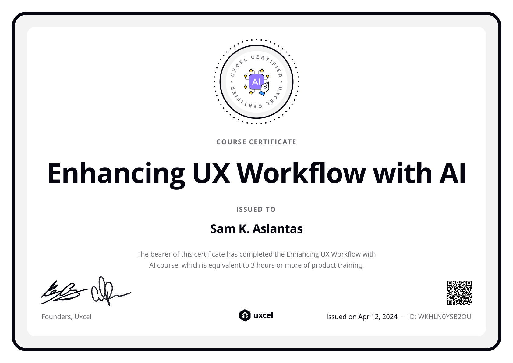 Sam K. Aslantas's certificate